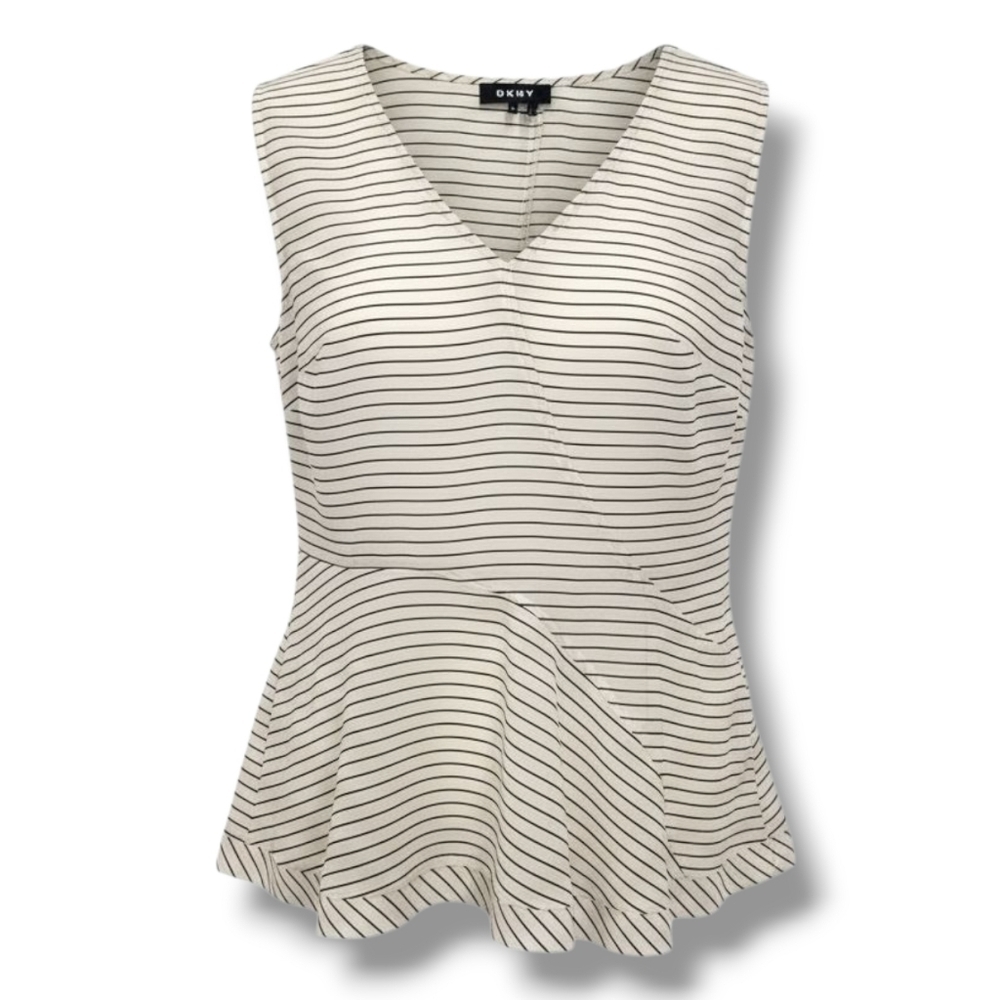 DKNY Women’s Ivory and Black Striped Sleeveless Peplum Blouse – Size 10